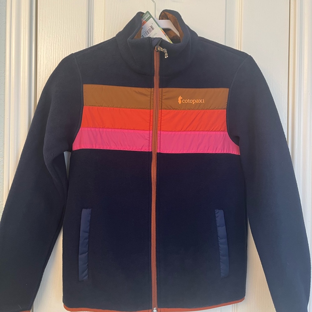 cotopaxi Navy Jacket with Orange, Red & Pink Accents